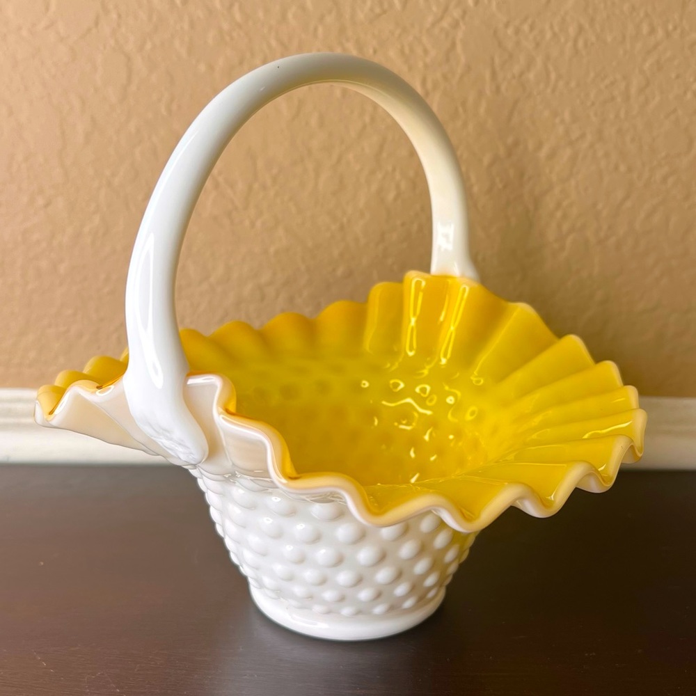 Vintage Kanawha Glass Hobnail Milk Glass Yellow Overlay Mellon Basket, Cadmium